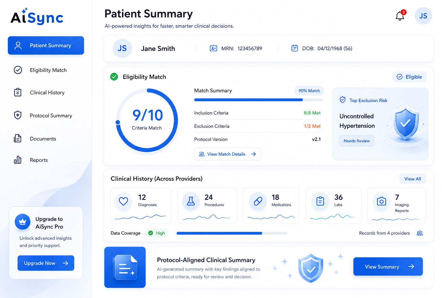 AiSync Patient Summary dashboard showing eligibility match and clinical history